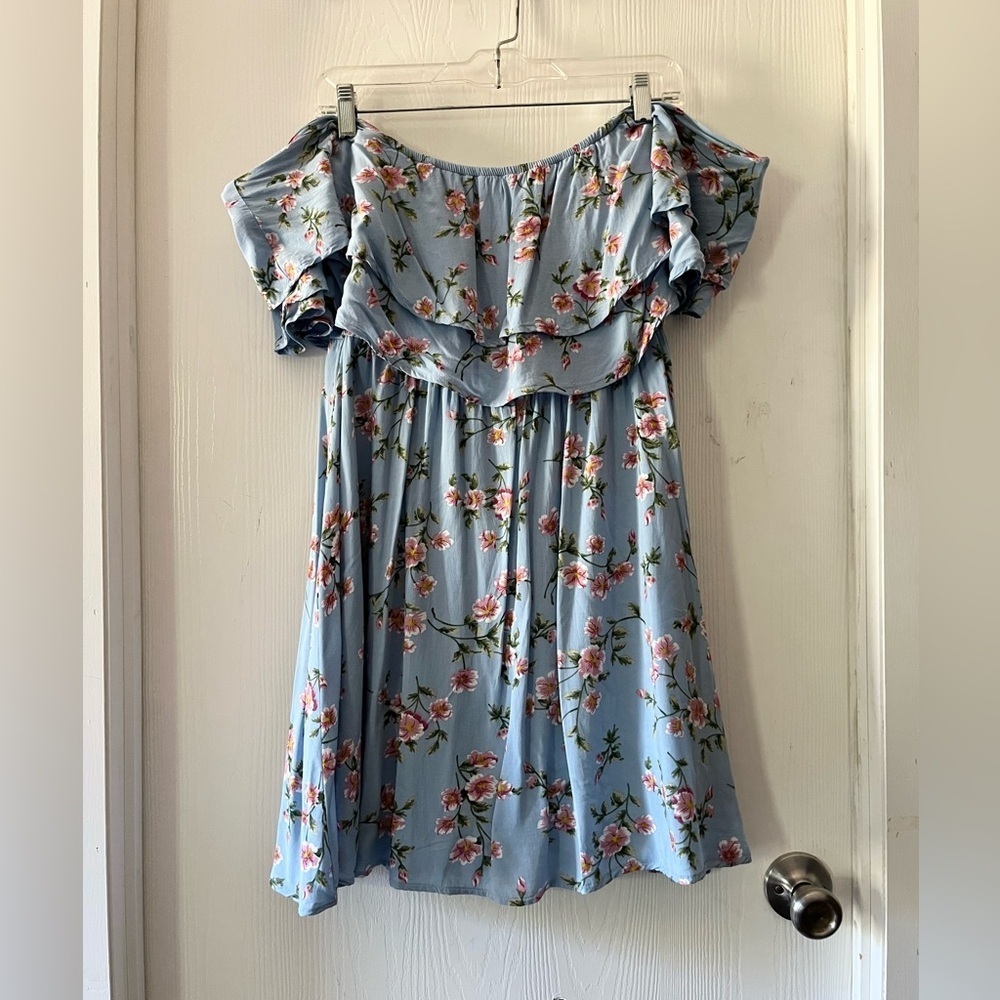 Entro Blue Off-Shoulder Floral Mini-Dress